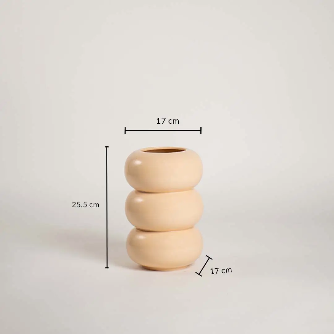 Dimension image of cream beige ceramic stacked bubble donut vase for tabletop showing 25.5 cm height and 17 cm width.