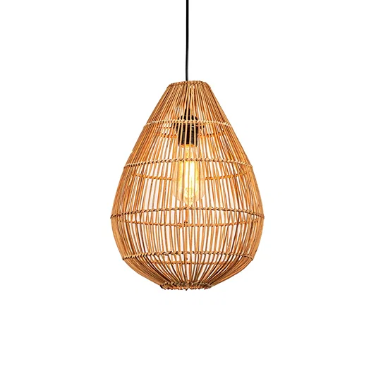Handwoven rattan pendant light with teardrop shape and open lattice weave hanging against soft neutral wall background for warm boho decor.
