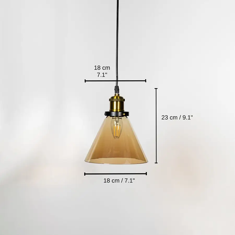 Amber glass cone pendant light, 23 x 18 x 18 cm (9.1 x 7.1 x 7.1 inches) dimensions