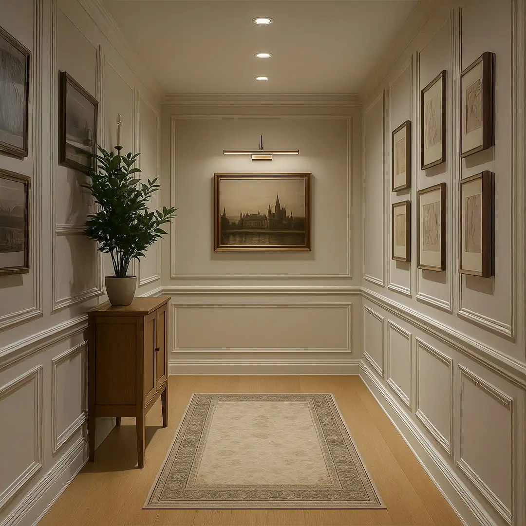 Gold adjustable picture light styled in a modern living room highlighting artwork with warm illumination for elegant wall decor.