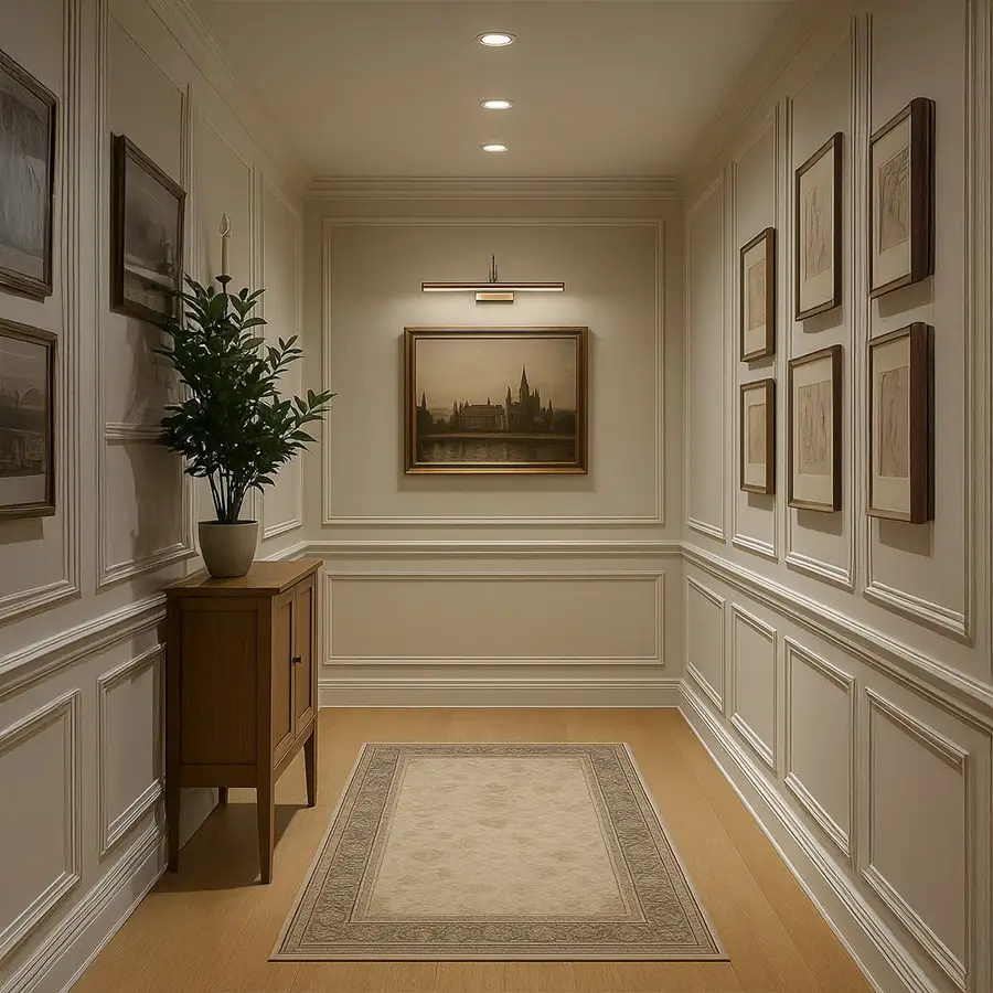 Gold adjustable picture light styled in a modern living room highlighting artwork with warm illumination for elegant wall decor.