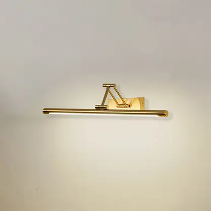 Modern wall light in gold metal finish with linear bar design for bathroom or vanity decor lighting white background.
