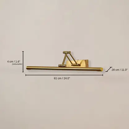 Gold adjustable picture light, base 61 x 4 x 28 cm (24.0 x 1.6 x 11.0 inches), canopy 16 x 6 cm (6.3 x 2.4 inches) dimensions