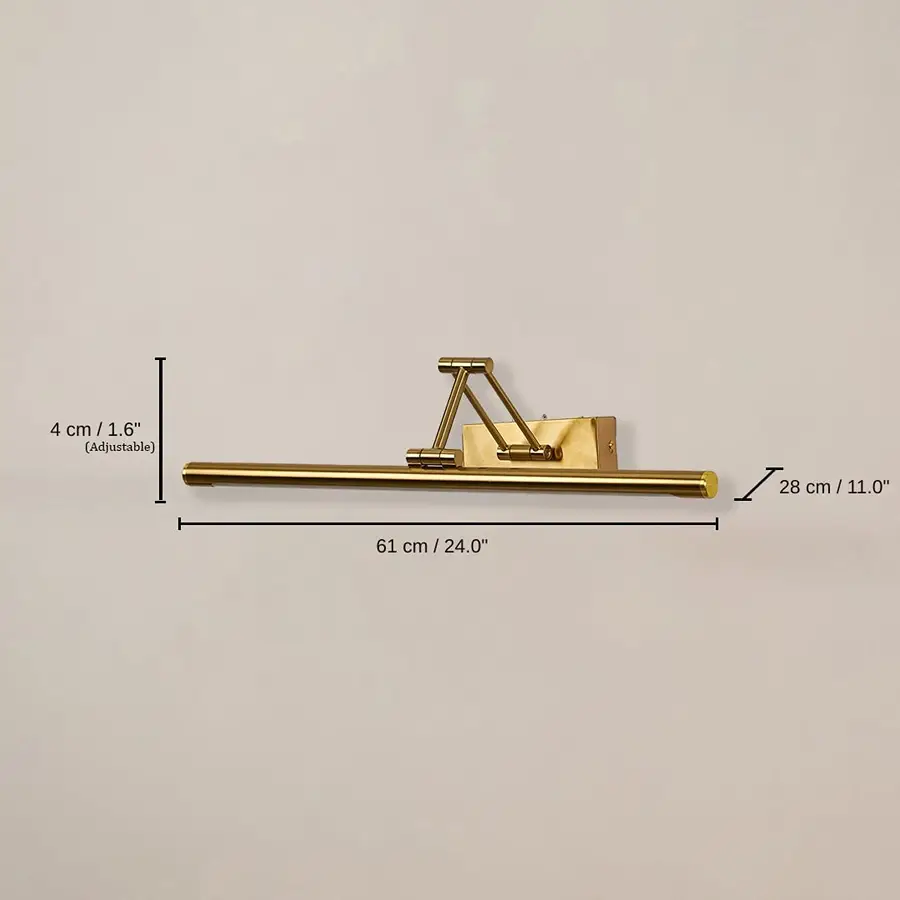 Gold adjustable picture light, base 61 x 4 x 28 cm (24.0 x 1.6 x 11.0 inches), canopy 16 x 6 cm (6.3 x 2.4 inches) dimensions