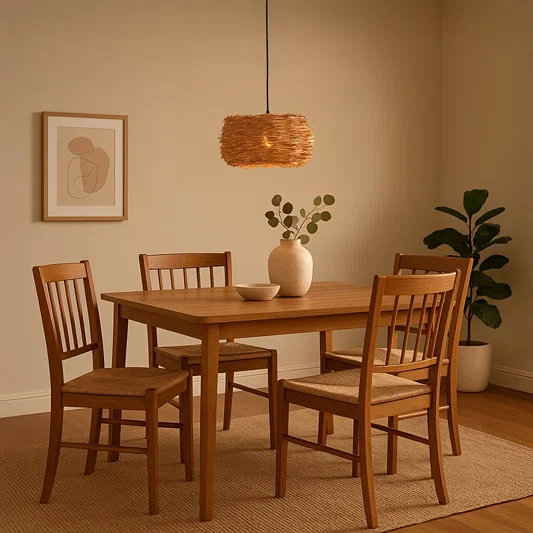 Natural woven rattan pendant light above dining table creating warm bohemian ambiance and charm.