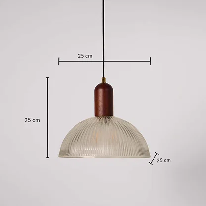 Clear ribbed glass pendant light dimension image with 25 cm width and 25 cm height for modern dining placement.