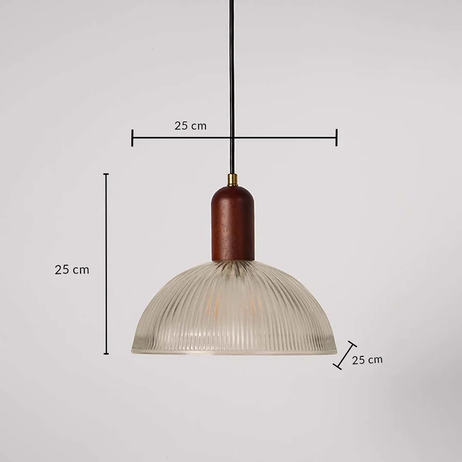 Clear ribbed glass pendant light dimension image with 25 cm width and 25 cm height for modern dining placement.
