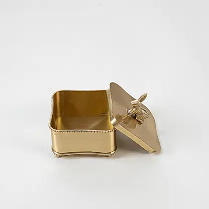 Elegant metal napkin holder in gold finish with tissue slot design for dining table decor accessory placement white background.