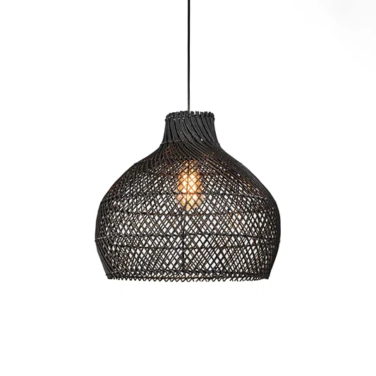 Black metal mesh pendant light with rounded dome shape and visible warm bulb hanging against soft neutral wall background for modern industrial decor.