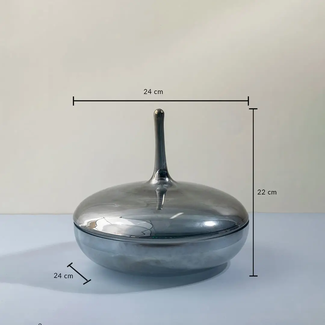Grey glass jar with tall lid shown with 22 cm height and 24 cm width measurements for modern decorative use.