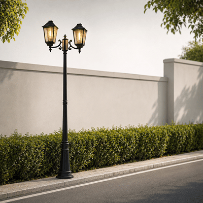 Traditional black metal double head outdoor lamp post light for house boundary wall driveway roadside landscape decoration.