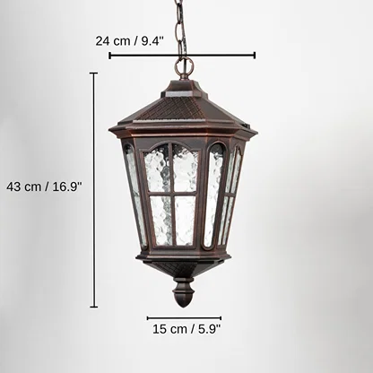 Outdoor hanging lantern with detailed measurements, 43 x 15 x 24 cm (16.9 x 5.9 x 9.4 inches) dimensions