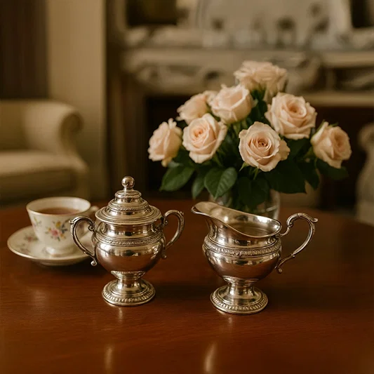 Elegant silver sugar pot and creamer set displayed on a polished wooden table in a classic living room creating a warm refined tea time ambiance.