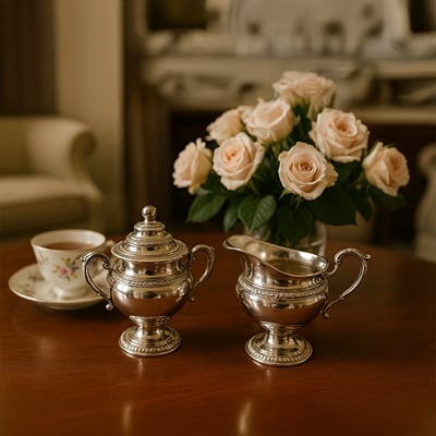Elegant silver sugar pot and creamer set displayed on a polished wooden table in a classic living room creating a warm refined tea time ambiance.