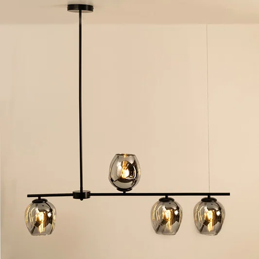 Smoked glass pendant chandelier with black metal frame and illuminated shades for elegant contemporary ceiling lighting.