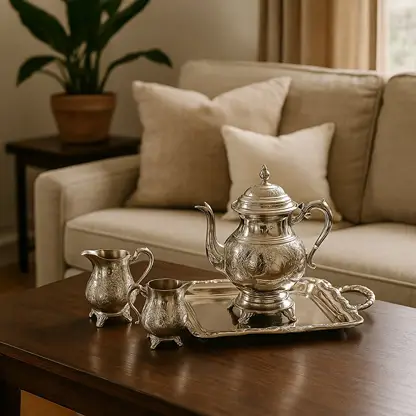 Luxurious silver plated tea set with intricate floral engraving arranged on a granite kitchen counter for elegant high tea serving.