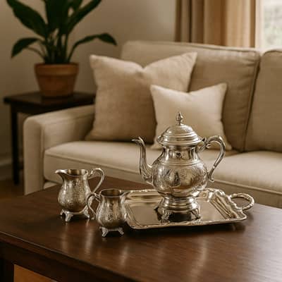 Luxurious silver plated tea set with intricate floral engraving arranged on a granite kitchen counter for elegant high tea serving.