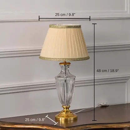 Glass table lamp with gold base and beige pleated shade, 48 x 25 x 25 cm (18.9 x 9.8 x 9.8 inches) dimensions
