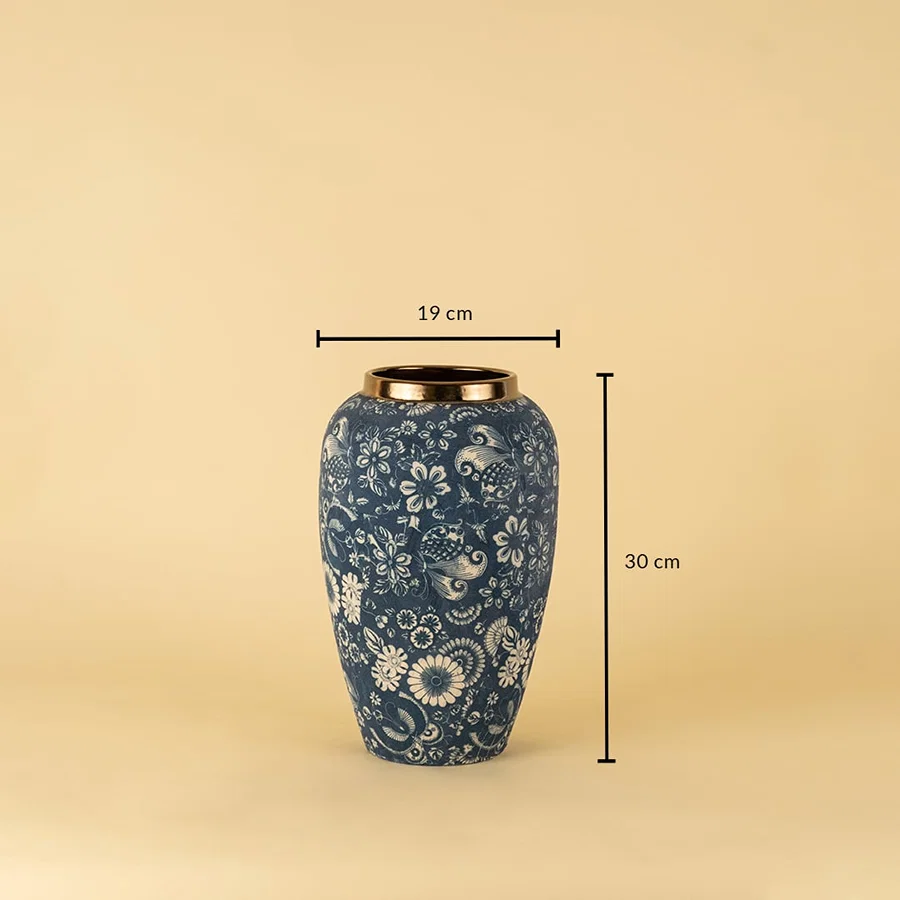 Blue floral ceramic vase with golden rim measuring 30 cm height and 19 cm diameter for home decor.