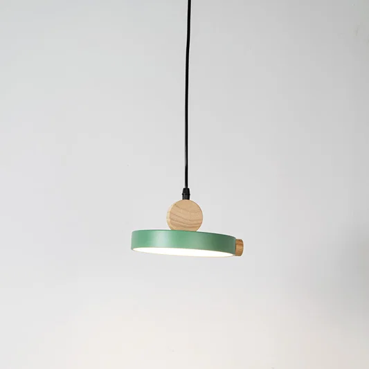 Green metal pendant light with natural wood accents and minimalist design for modern ceiling lighting decor.