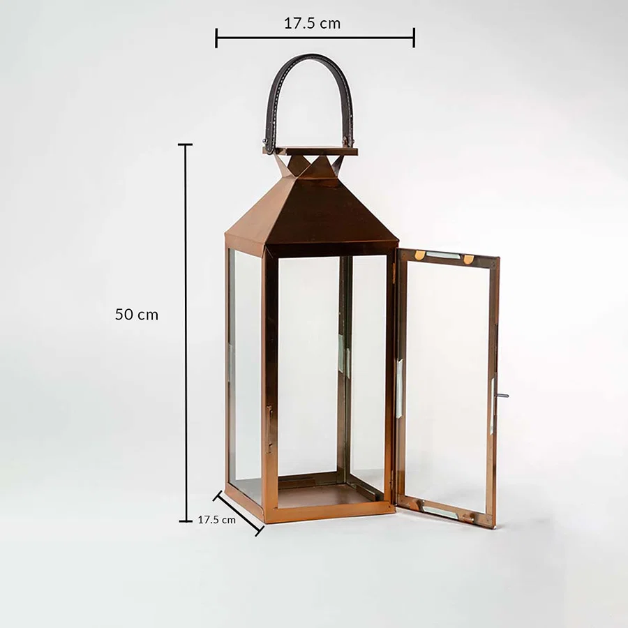 Bronze lantern with visible dimensions showing 50 cm height 17.5 cm width and 17.5 cm depth providing scale for buyers and emphasizing product proportions.