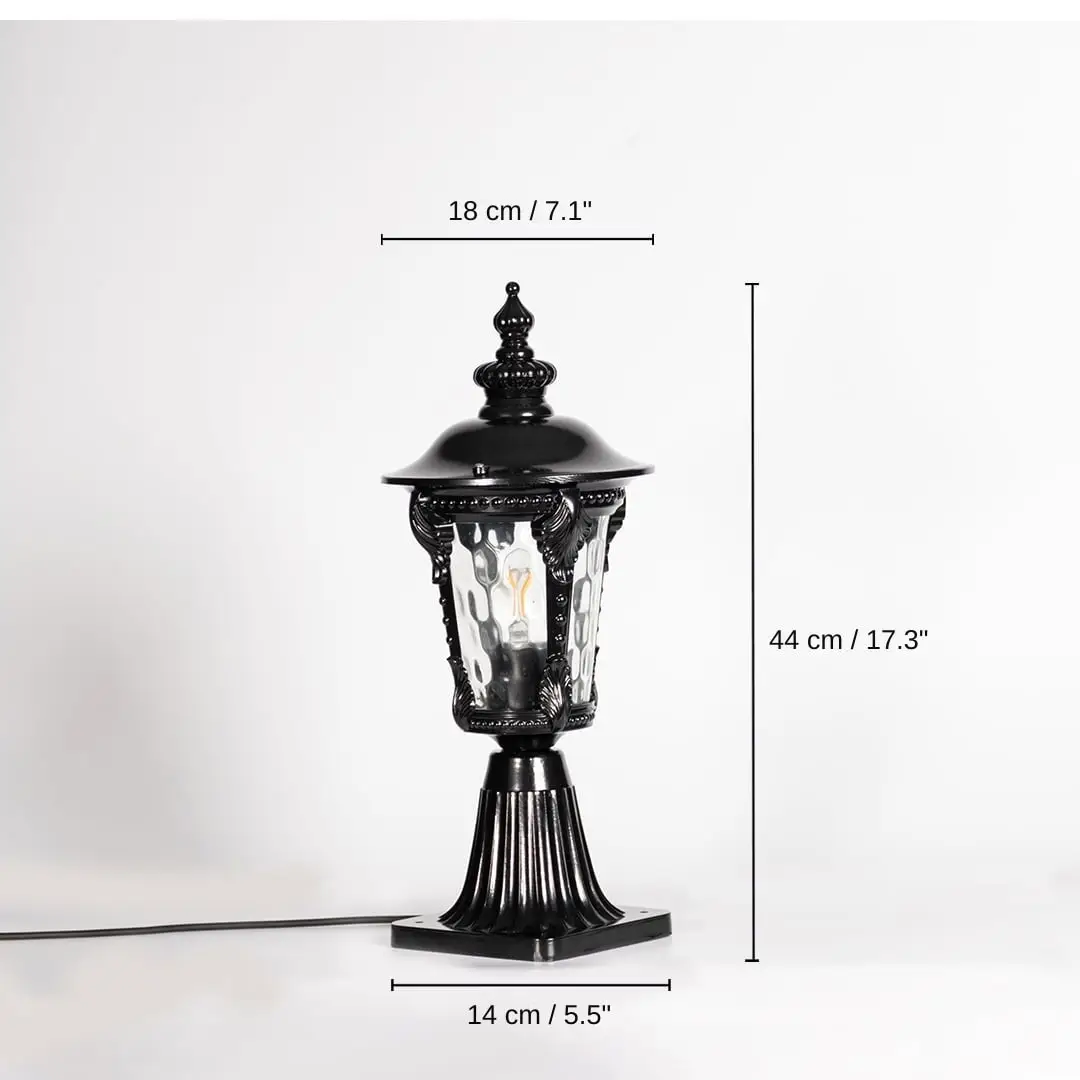 Black pillar light with patterned clear glass, 44 x 14 x 18 cm (17.3 x 5.5 x 7.1 inches) dimensions