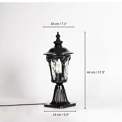 Black pillar light with patterned clear glass, 44 x 14 x 18 cm (17.3 x 5.5 x 7.1 inches) dimensions