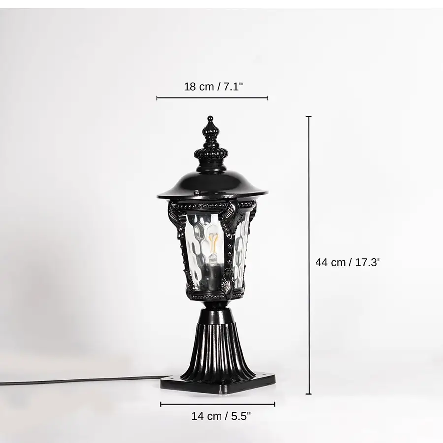 Black pillar light with patterned clear glass, 44 x 14 x 18 cm (17.3 x 5.5 x 7.1 inches) dimensions