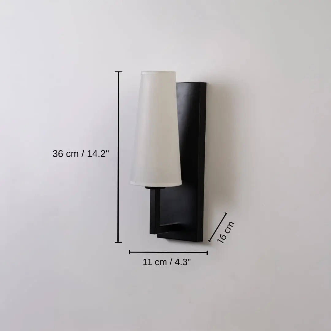 Black metal wall light with tall white fabric shade, base 36 x 11 x 16 cm (14.2 x 4.3 x 6.3 inches), canopy 35 x 11 cm (13.8 x 4.3 inches) dimensions