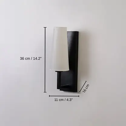 Black metal wall light with tall white fabric shade, base 36 x 11 x 16 cm (14.2 x 4.3 x 6.3 inches), canopy 35 x 11 cm (13.8 x 4.3 inches) dimensions