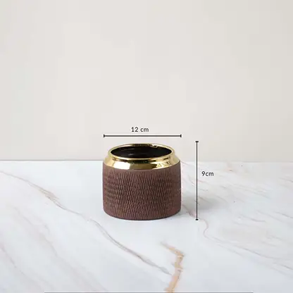 A brown textured vase with a gold rim shown with measurements of 12 cm width and 9 cm height clearly displaying its compact decorative size.
