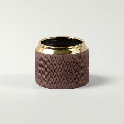Brown textured ceramic planter pot with gold rim detailing for tabletop plant styling and modern home decor.