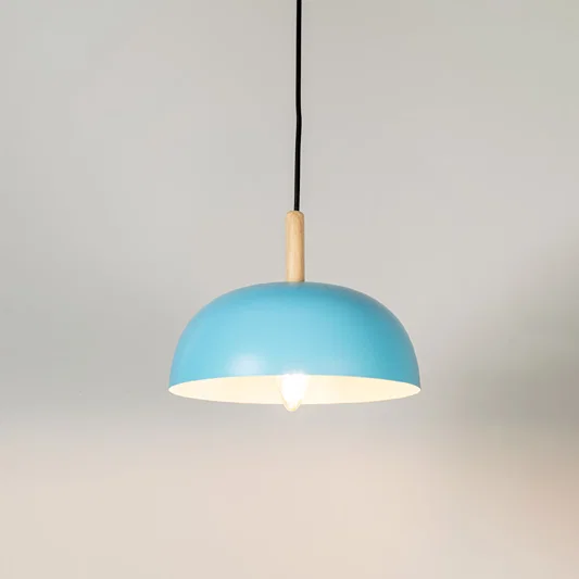 Blue metal pendant light with natural wood accents and minimalist dome design for contemporary ceiling lighting decor.