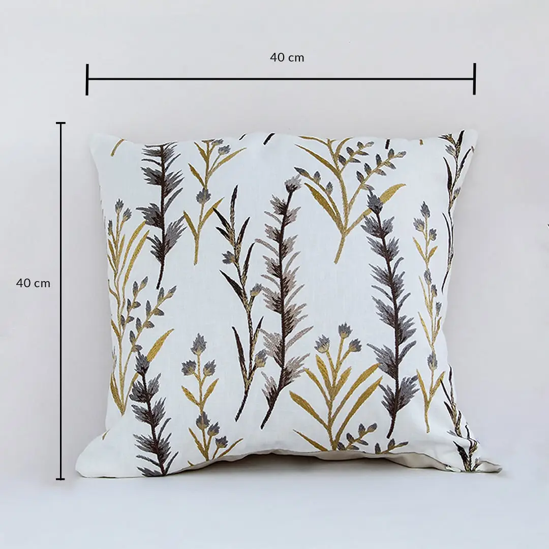 Cotton cushion with yellow and grey embroidered botanical design measured at 40 cm by 40 cm displayed on a white background showing its square decorative shape.