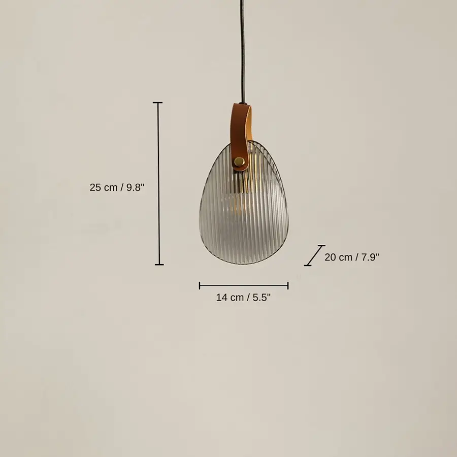Clear ribbed glass pendant light, base 25 x 14 x 20 cm (9.8 x 5.5 x 7.9 inches), canopy 10 x 10 cm (3.9 x 3.9 inches) dimensions