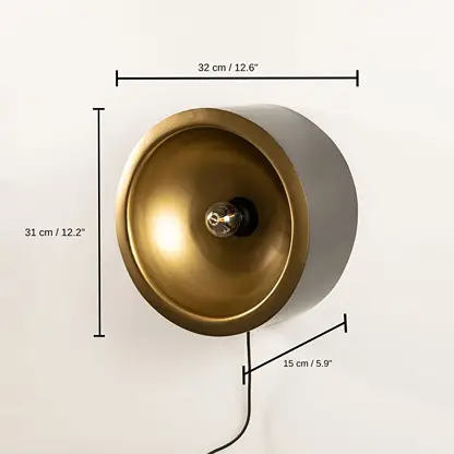 Gold metal cylinder spot wall light fixture turned off, 31 x 32 x 15 cm (12.2 x 12.6 x 5.9 inches) dimensions