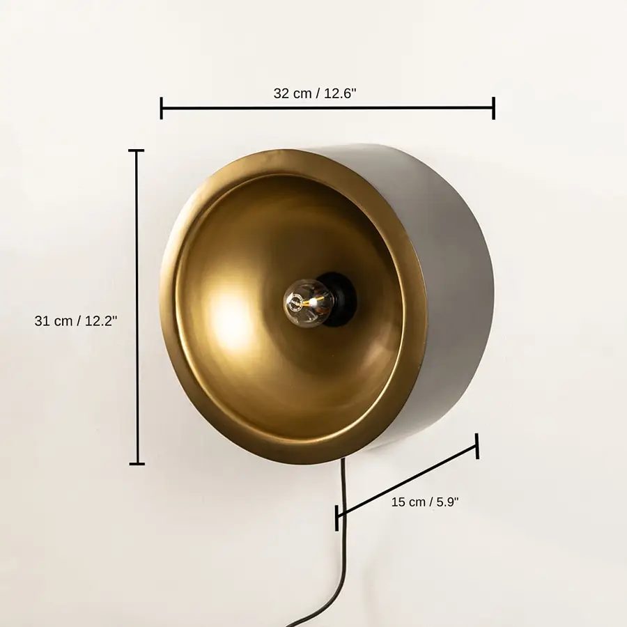 Gold metal cylinder spot wall light fixture turned off, 31 x 32 x 15 cm (12.2 x 12.6 x 5.9 inches) dimensions
