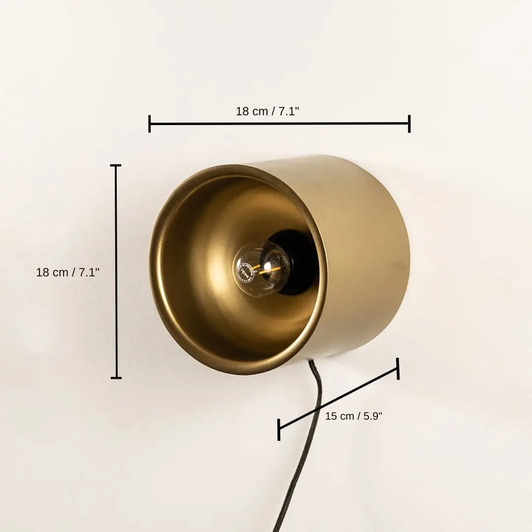 Gold metal cylinder spot wall light fixture turned off, 18 x 18 x 15 cm (7.1 x 7.1 x 5.9 inches) dimensions