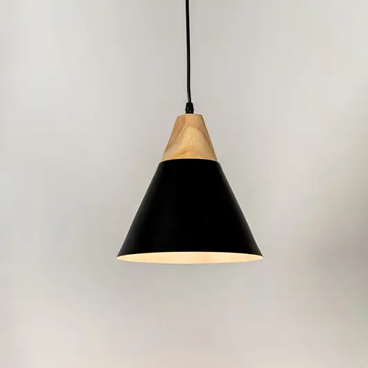 Black metal pendant light with natural wood accents and minimalist cone design for contemporary ceiling lighting decor.
