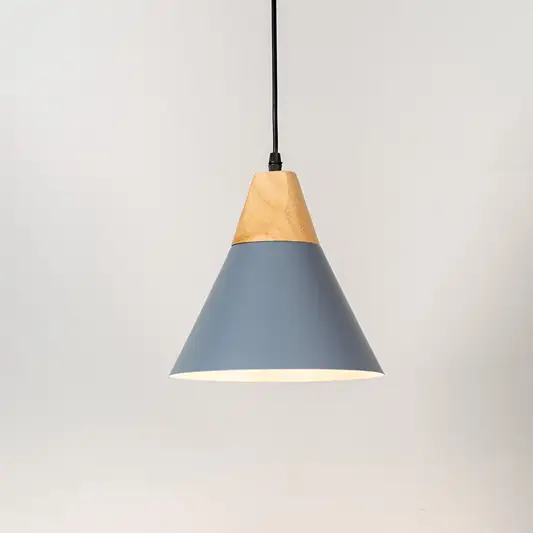 Blue metal pendant light with natural wood accents and minimalist cone design for contemporary ceiling lighting decor.