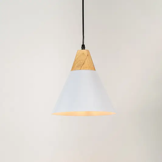 White metal pendant light with natural wood accents and minimalist cone design for contemporary ceiling lighting decor.