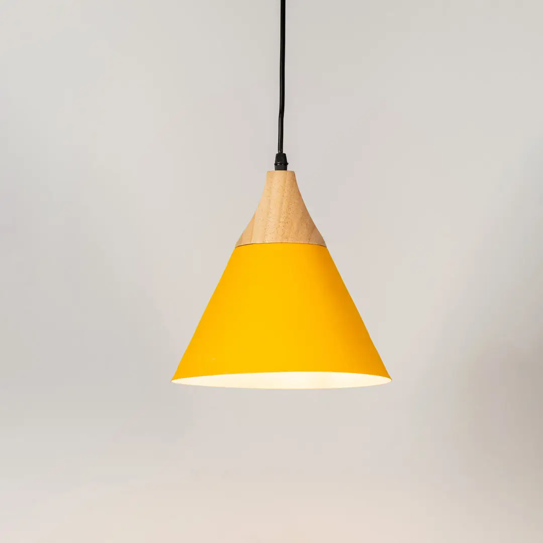 Yellow metal pendant light with natural wood accents and minimalist cone design for contemporary ceiling lighting decor.