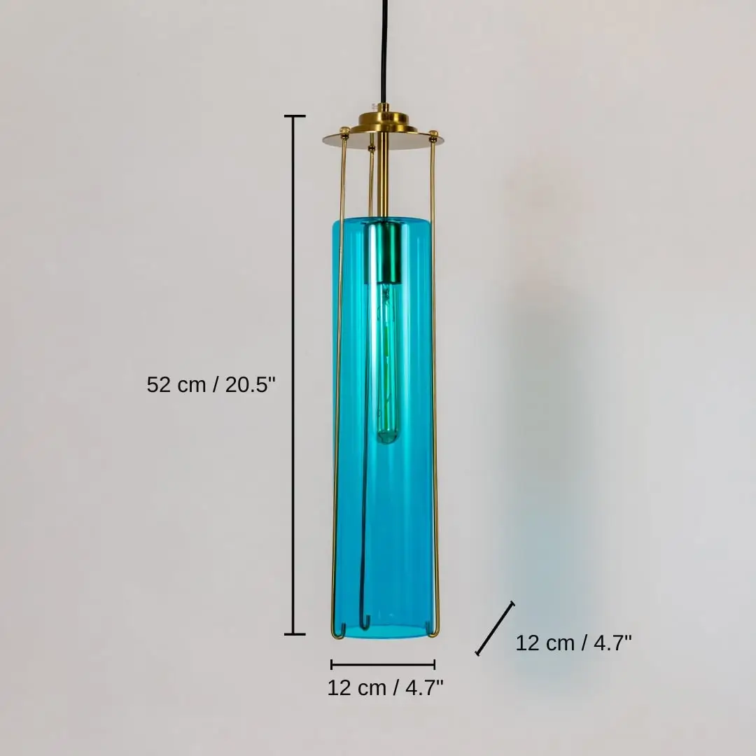 Blue glass and gold metal pendant light, base 52 x 12 x 12 cm (20.5 x 4.7 x 4.7 inches), canopy 10 x 10 cm (3.9 x 3.9 inches) dimensions