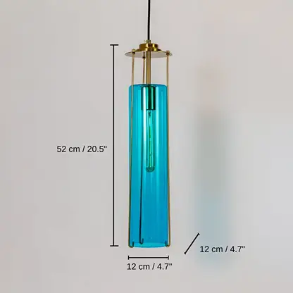 Blue glass and gold metal pendant light, base 52 x 12 x 12 cm (20.5 x 4.7 x 4.7 inches), canopy 10 x 10 cm (3.9 x 3.9 inches) dimensions