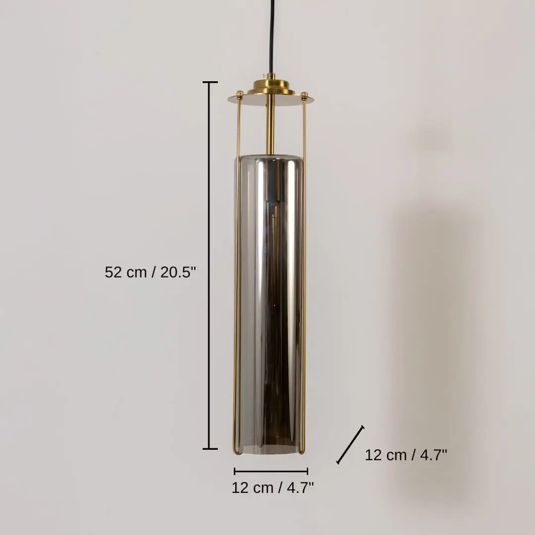 Smoky glass and gold metal pendant light, base 52 x 12 x 12 cm (20.5 x 4.7 x 4.7 inches), canopy 10 x 10 cm (3.9 x 3.9 inches) dimensions