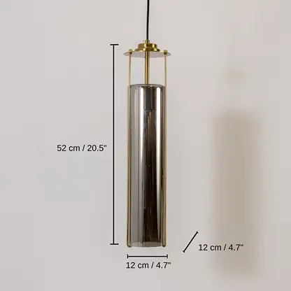 Smoky glass and gold metal pendant light, base 52 x 12 x 12 cm (20.5 x 4.7 x 4.7 inches), canopy 10 x 10 cm (3.9 x 3.9 inches) dimensions