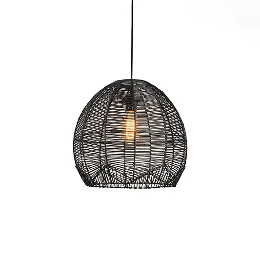 Black wire pendant light with wide dome shape and open cage design suspended on clean neutral wall background for contemporary interior styling.