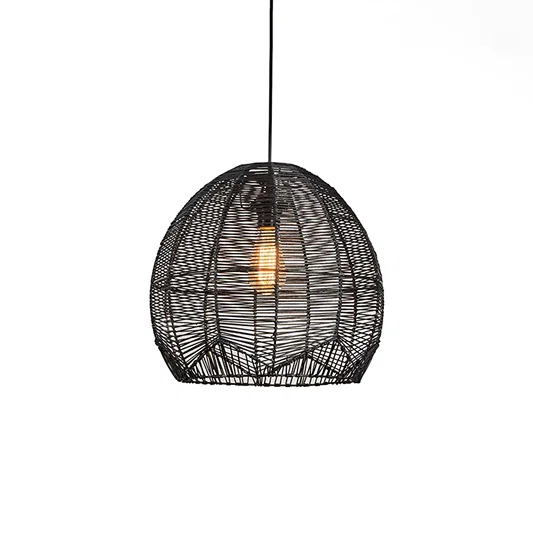 Black wire pendant light with wide dome shape and open cage design suspended on clean neutral wall background for contemporary interior styling.
