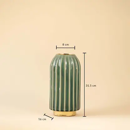 Green ribbed ceramic vase showing 22 cm height and 12 cm width dimensions suitable for console table or shelf decor placement.