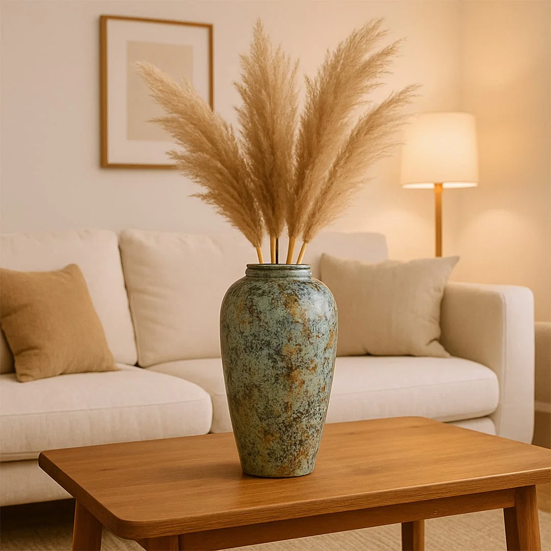 Green textured floor vase with pampas grass placed on table for elegant contemporary decor styling.